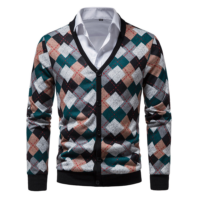 Men's Argyle Cardigans With V-neck Buttons